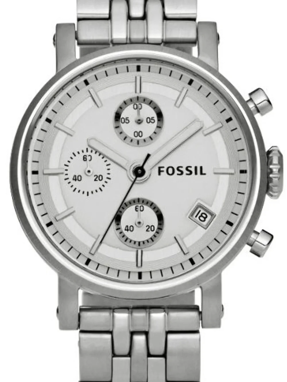 Fossil Silver and White Stainless Steel Chronograph Bracelet Watch